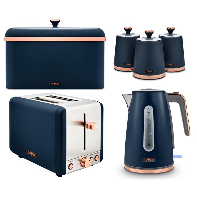 TOWER Cavaletto Jug Kettle 2 Slice Toaster Bread Bin & Canisters Set in Midnight Blue