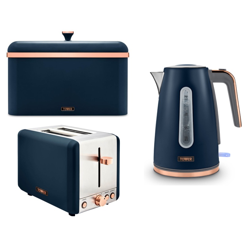 Tower Cavaletto Jug Kettle 2 Slice Toaster & Bread Bin Midnight Blue/Rose Gold