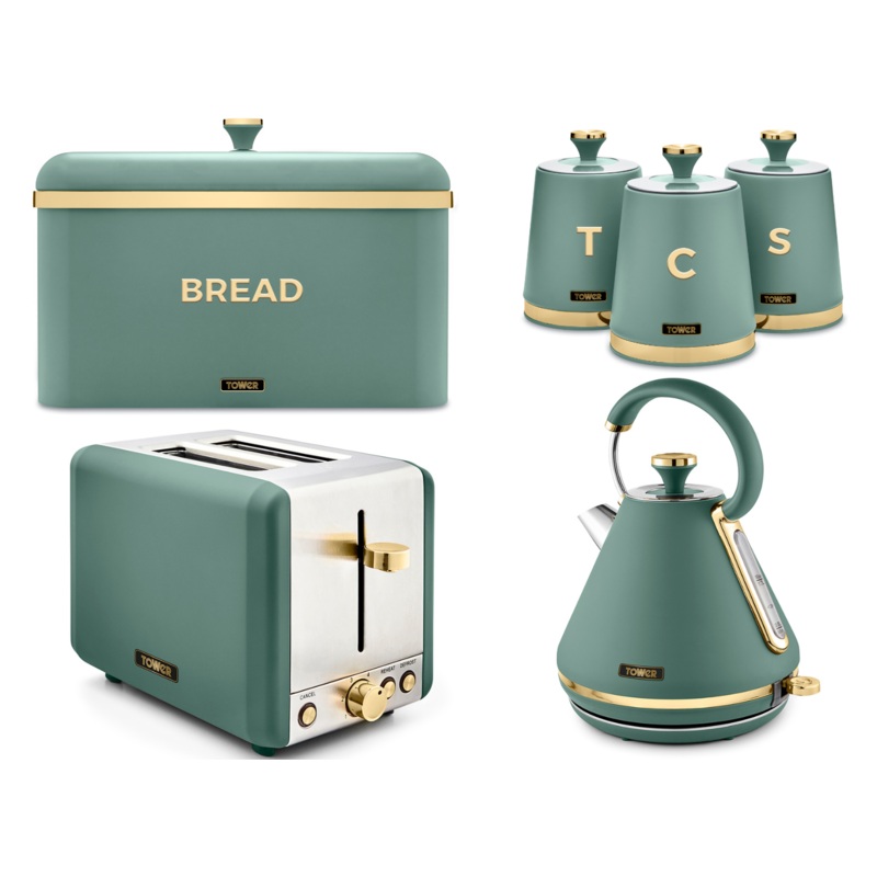 Tower Cavaletto Kettle 2 Slice Toaster Bread Bin & 3 Canisters Set in Jade &Gold