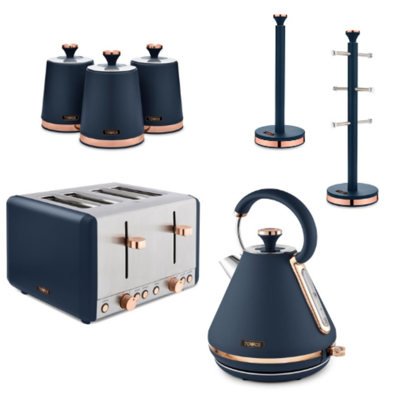 TOWER Cavaletto Kettle 4 Slice Toaster Canisters Mug Tree Towel Pole Midnight Blue & Rose Gold