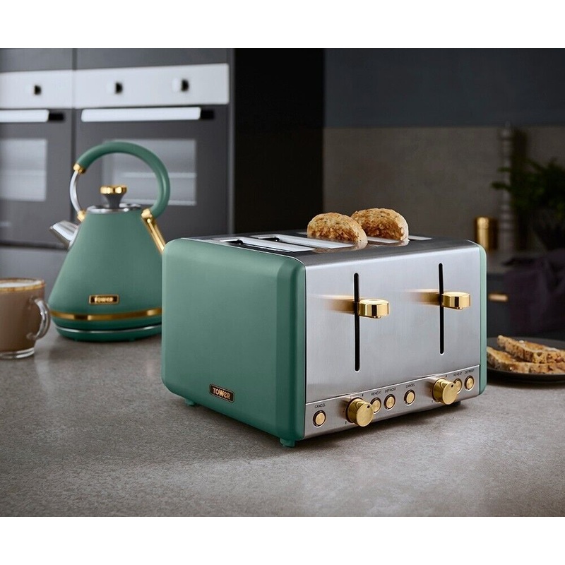 Tower Cavaletto Kettle & 4 Slice Toaster Set in Jade & Champagne Gold Accents