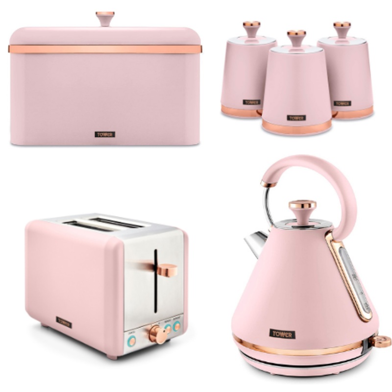 Tower Cavaletto Pink 1.7L 3KW Pyramid Kettle, 2 Slice Toaster, Bread Bin & Canisters Matching Kitchen Set of 6 in Marshmallow Pink & Rise Gold
