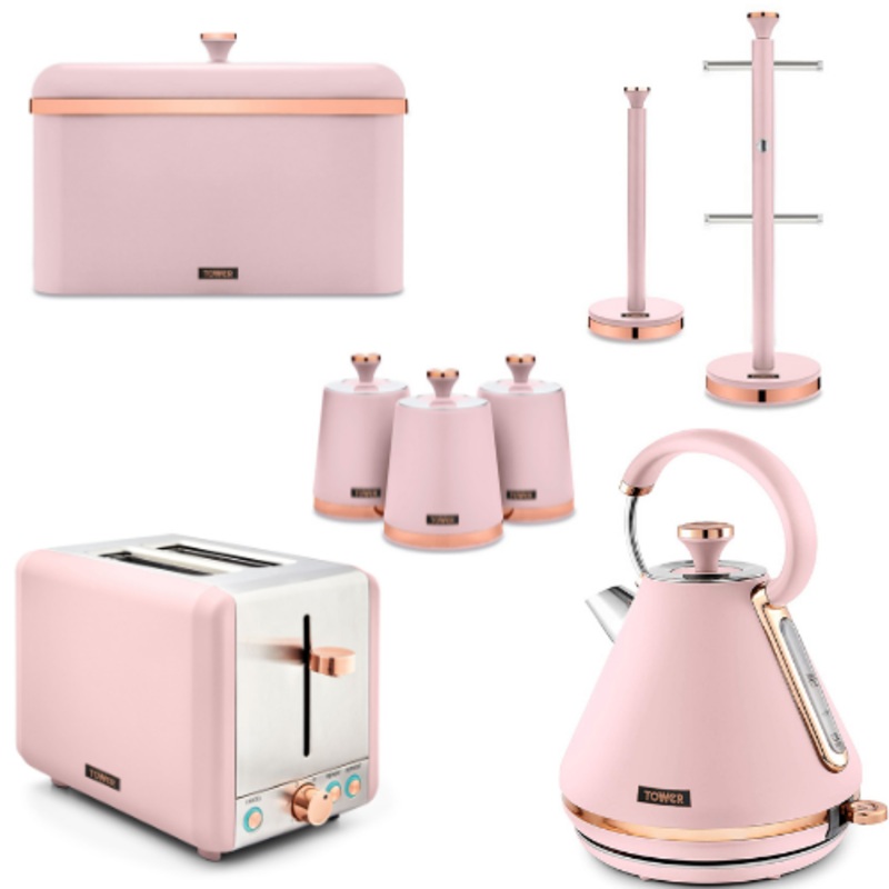 Tower Cavaletto Pink Pyramid Kettle, 2 Slice Toaster, Bread Bin, Canisters Mug Tree & Towel Pole Kitchen Set