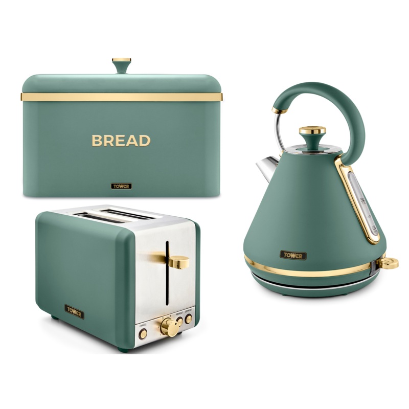 Tower Cavaletto Pyramid Kettle 2 Slice Toaster & Bread Bin Set in Jade & Gold