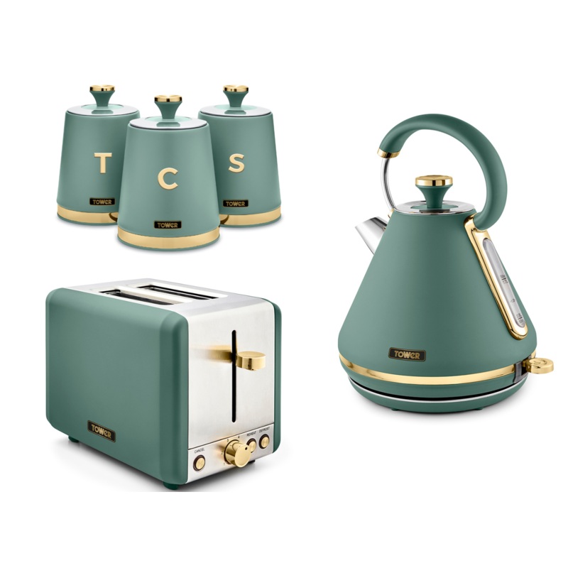 Tower Cavaletto Pyramid Kettle 2 Slice Toaster & Set of 3 Canisters Jade & Gold