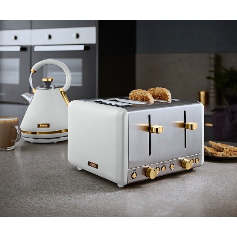 Tower Cavaletto Pyramid Kettle & 4 Slice Toaster White & Champagne Gold Accents