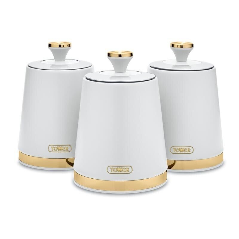 Tower Cavaletto Tea Coffee & Sugar Storage Canisters Set of 3 in White with Champagne Gold Accents
