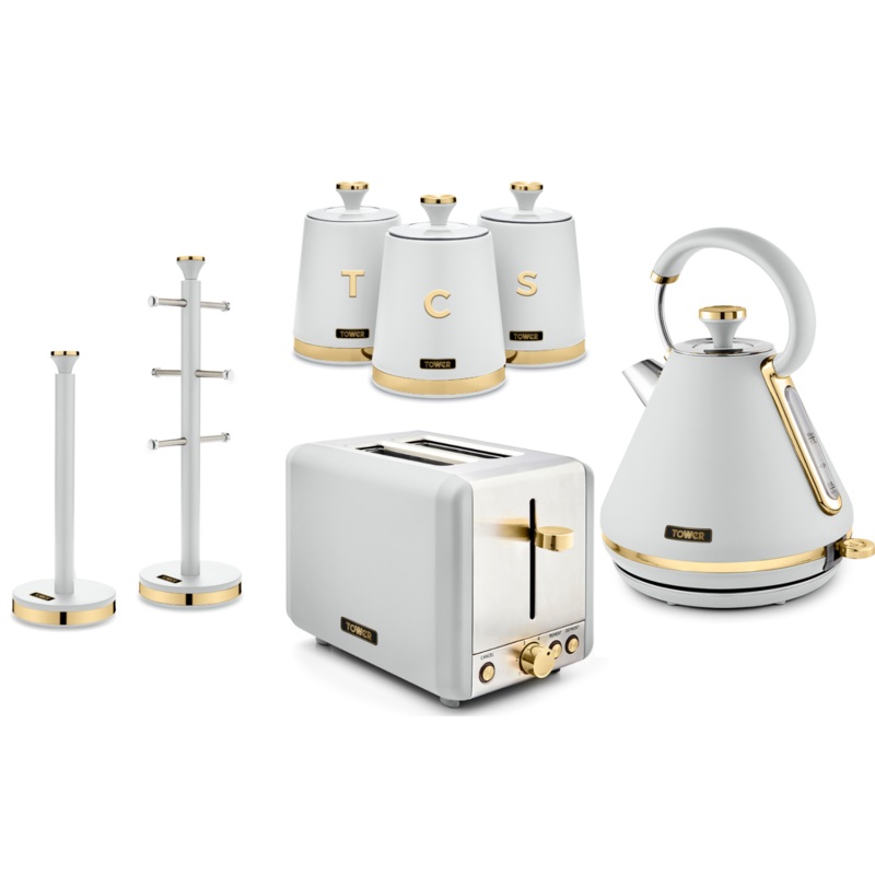 Tower Cavaletto White 1.7L 3KW Pyramid Kettle, 2 Slice Toaster, 3 Canisters, Mug Tree & Towel Pole Matching Kitchen Set