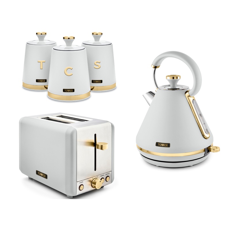 Tower Cavaletto White 1.7L 3KW Pyramid Kettle, 2 Slice Toaster & Canisters Kitchen Set with Champagne Gold Accents