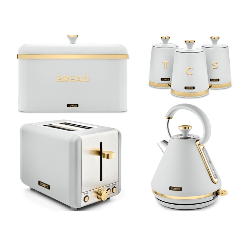 Tower Cavaletto White 1.7L Pyramid Kettle, 2 Slice Toaster, Bread Bin & 3 Canisters Kitchen Set