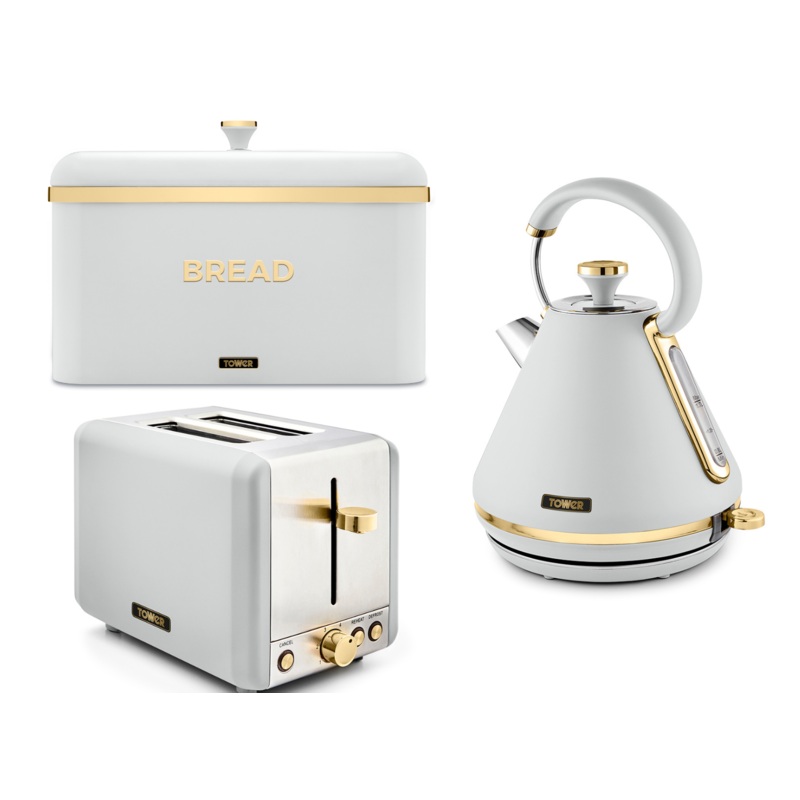 Tower Cavaletto White & Gold 1.7L 3KW Pyramid Kettle, 2 Slice Toaster & Bread Bin Kitchen Set