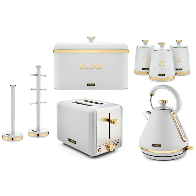 Tower Cavaletto White Kettle Toaster Bread Bin 3 Canisters Mug Tree Towel Pole Set of 8