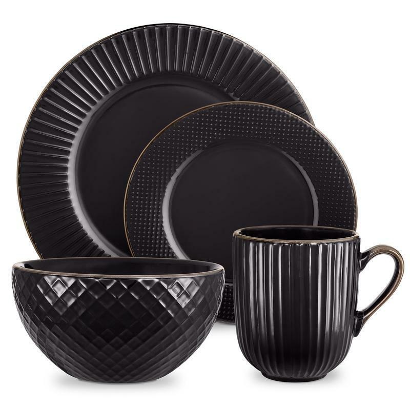 Tower Empire 16 Piece Dinner Set in Black with Burnt Gold Accents Dining Set