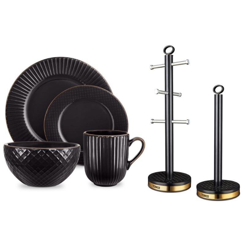 TOWER Empire 16 Piece Dinner Set Towel Roll Holder Mug Tree Black & Brass Matching Set