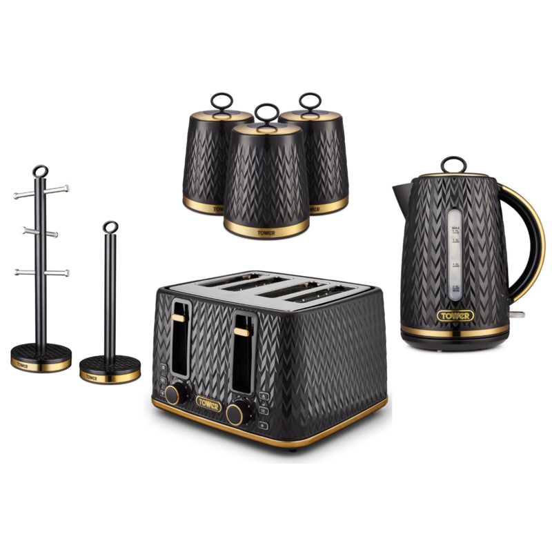 Tower Empire Black Jug Kettle 4 Slice Toaster Canisters Mug Tree Towel Pole