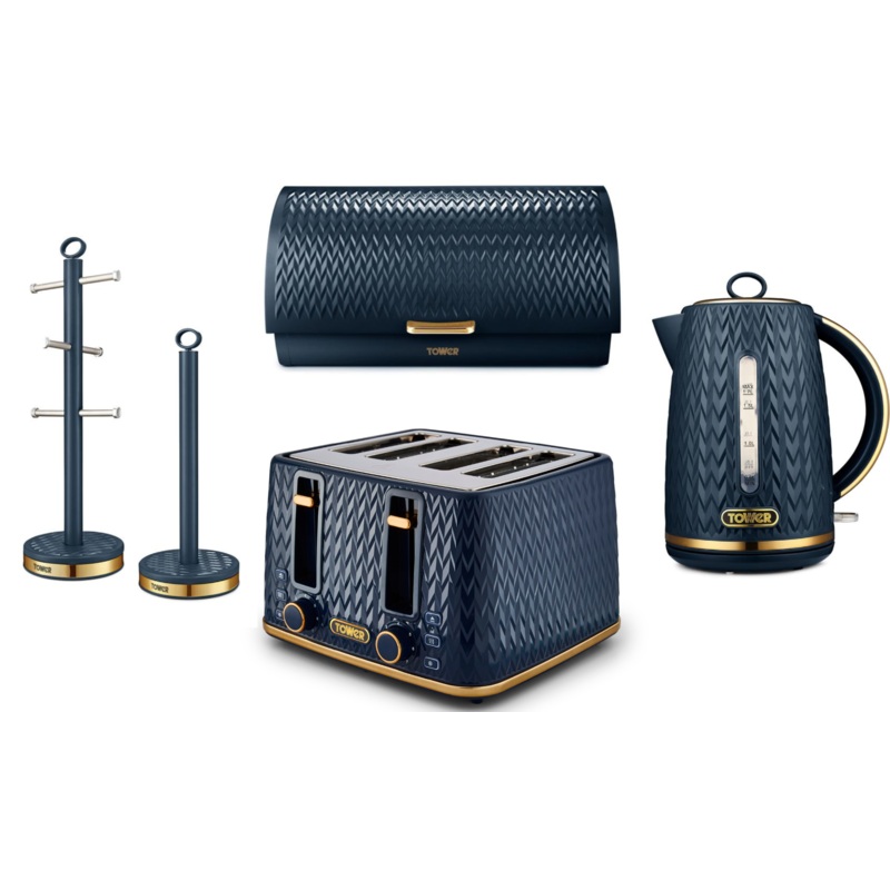 Tower Empire Blue Jug Kettle 4 Slice Toaster Bread Bin Mug Tree & Towel Pole Set of 5