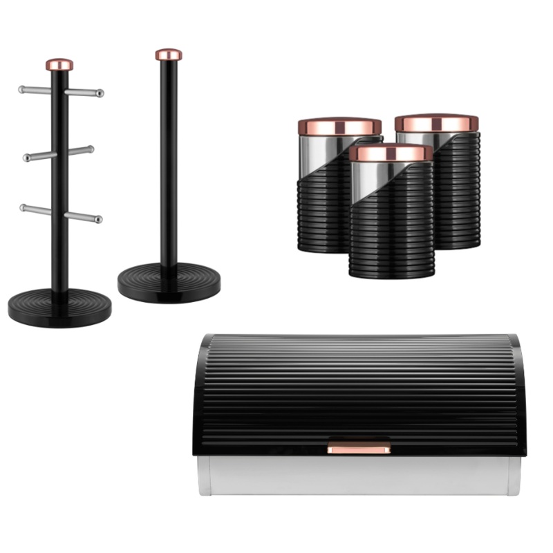 Tower Linear Breadbin, Canisters, Mug Tree & Towel Pole Set in Black/Rose Gold