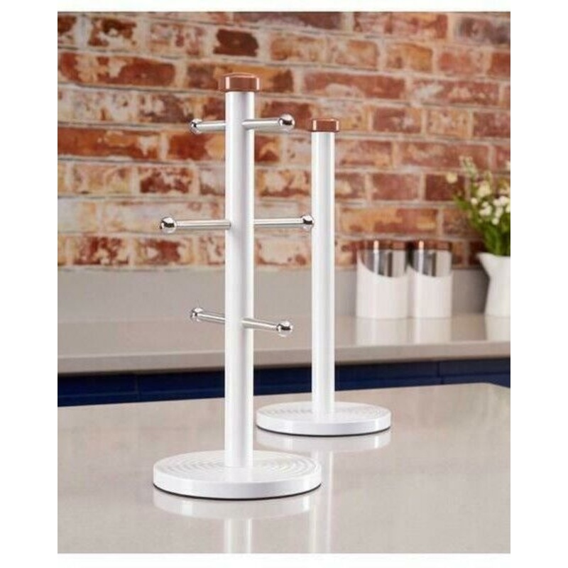 Tower Linear White & Rose Gold Mug Tree & Towel Pole Matching Kitchen Storage Set