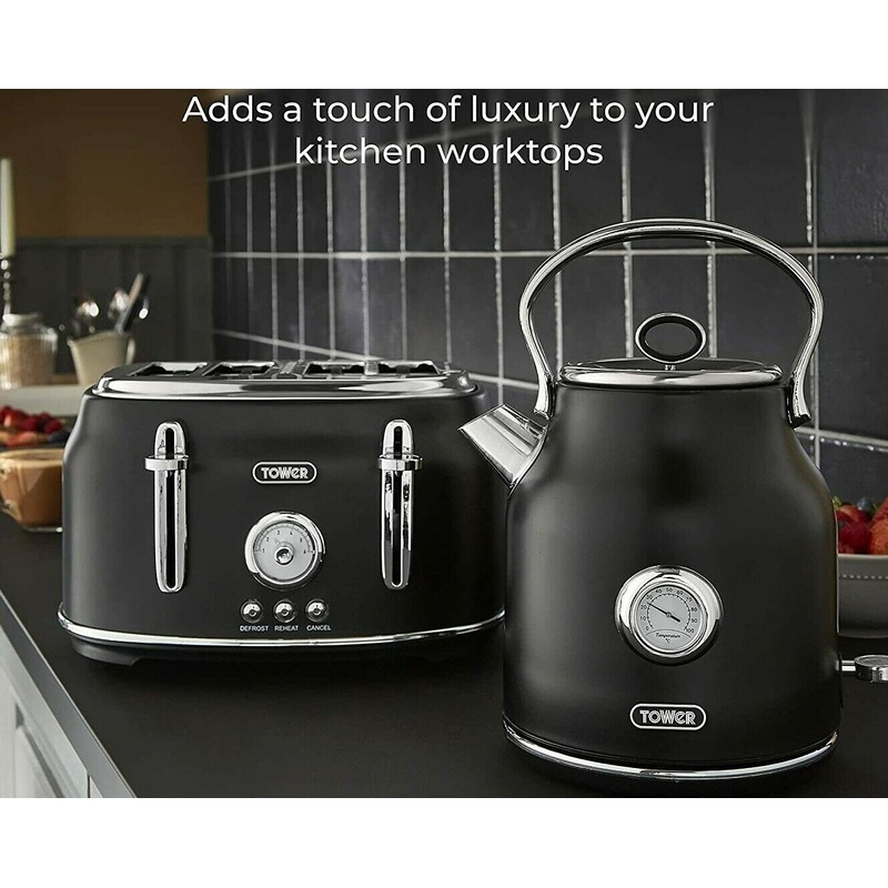 Tower Renaissance 1.7L 3KW Kettle & 4 Slice Toaster Matching Kitchen Set in Black