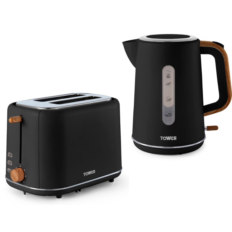 Tower Scandi Black Kettle & 2 Slice Toaster Scandinavian Design Kitchen Set