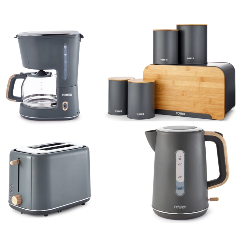 Tower Scandi Grey Kettle Toaster Coffee Maker & 5 Piece Kitchen Storage Set