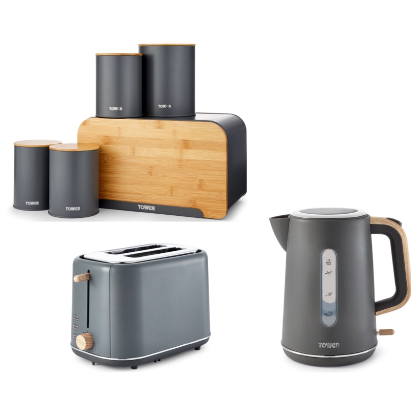 Tower Scandi Grey Kitchen Set of 7 Kettle Toaster & 5 Piece Kitchen Storage Set