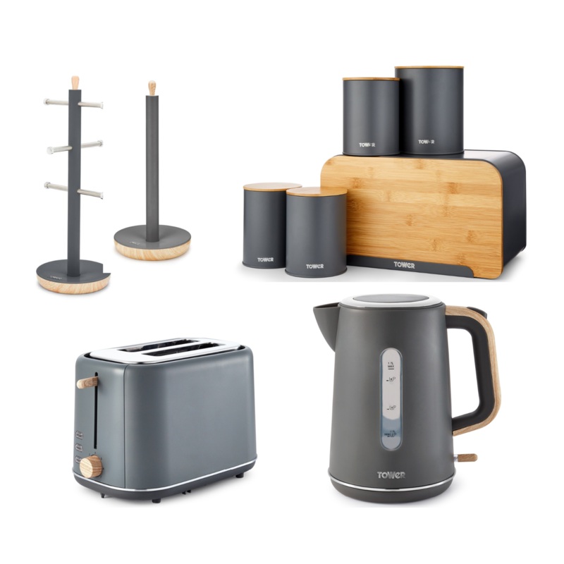 Tower Scandi Grey Kitchen Set of 9 Kettle 2 Slice Toaster & Kitchen Storage Set