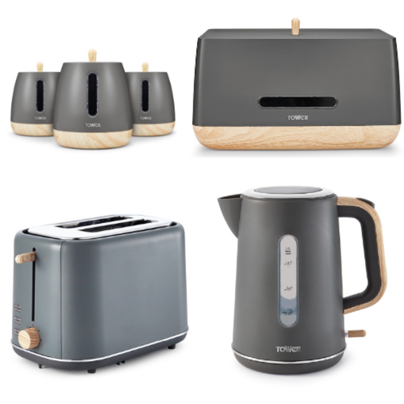 Tower Scandi Grey Modern Scandinavian Style Kettle Toaster Breadbin & Canisters