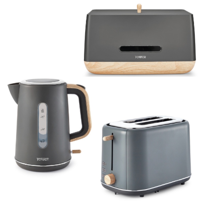 Tower Scandi Grey Modern Scandinavian Style Kettle Toaster & Breadbin Set