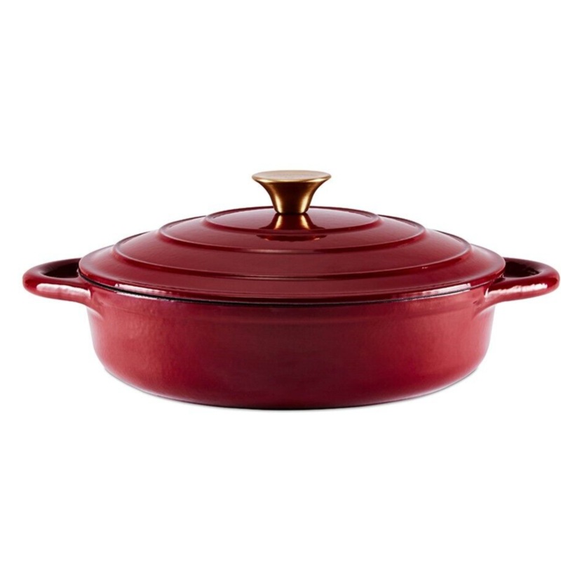 Barbary & Oak 28cm Shallow Casserole Dish Cast Iron in Bordeaux Red with 25 Year Guarantee