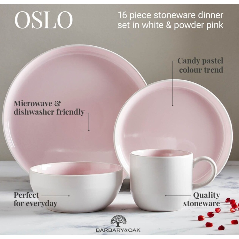 Barbary & Oak Oslo Scandinavian Design 16 Piece Dinnerware Set in Lemonade Pink & White