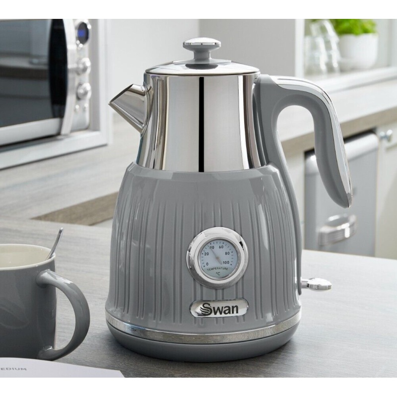 Swan Retro Grey 1.5L 3KW Kettle with Temperature Dial. Vintage Design Kettle