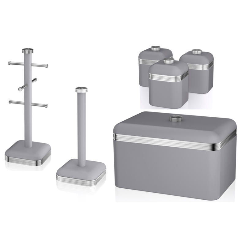 SWAN Retro Grey Breadbin, Canisters, Mug Tree & Towel Pole Kitchen Storage Set of 6