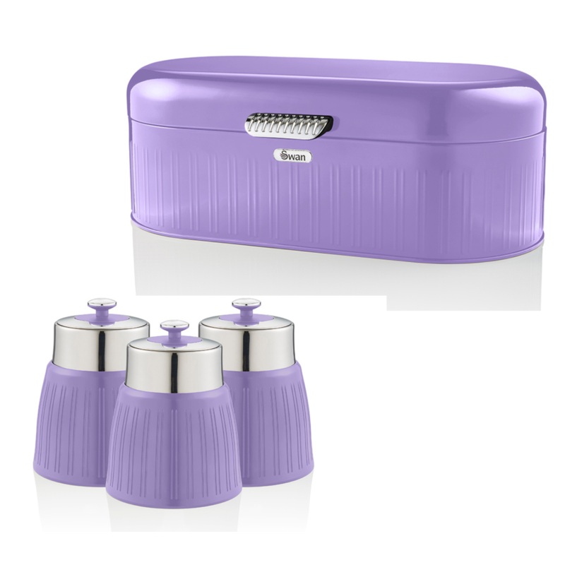 SWAN Retro Purple Bread Bin & Tea Coffee & Sugar Canisters Kitchen Storage Set