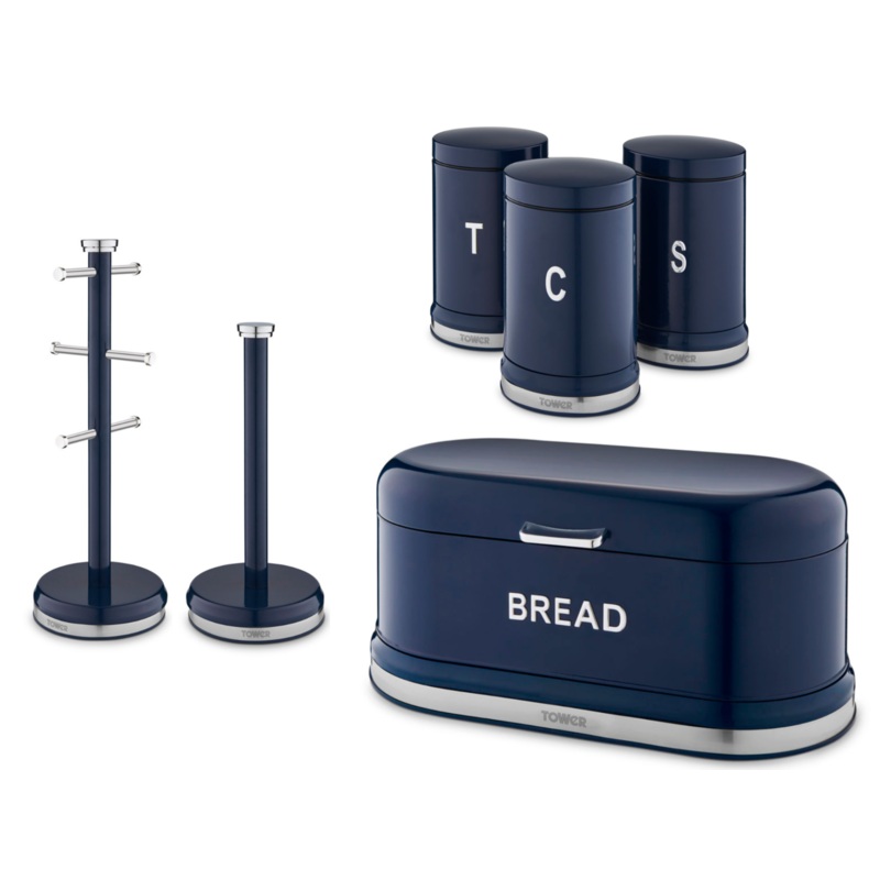 Tower Belle Bread Bin Canisters Mug Tree Towel Pole Kitchen Set of 6 in Blue