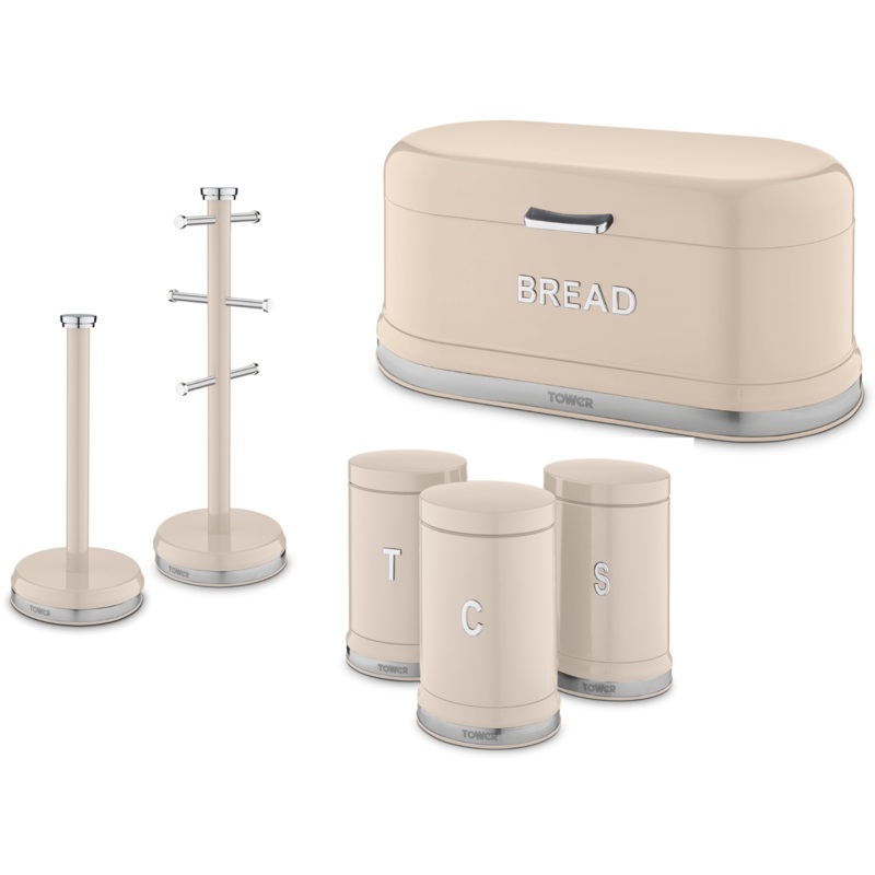 Tower Belle Chantilly Bread Bin Canisters Mug Tree & Towel Pole Set in Cream