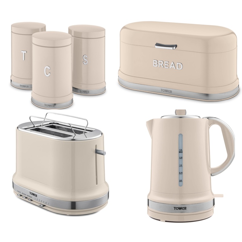 Tower Belle Chantilly Kettle, 2 Slice Toaster, Breadbin & Canisters Kitchen Set of 6 in Cream