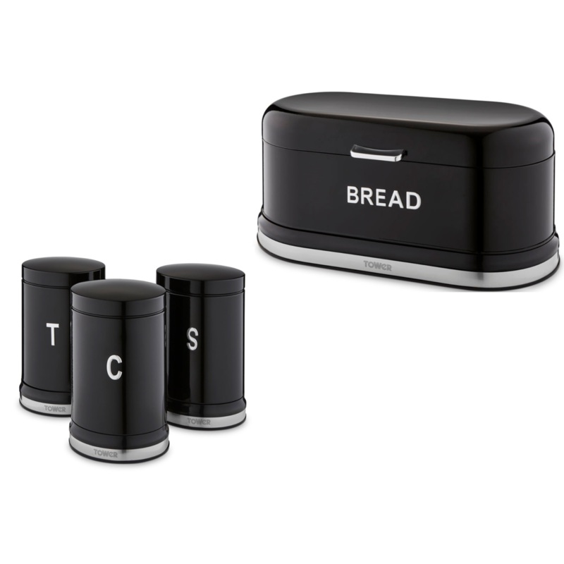 Tower Belle Noir Bread Bin Canisters Kitchen Storage Set in Black