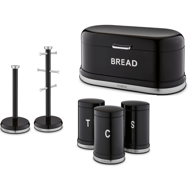 Tower Belle Noir Bread Bin Canisters Mug Tree Towel Pole Kitchen Set in Black