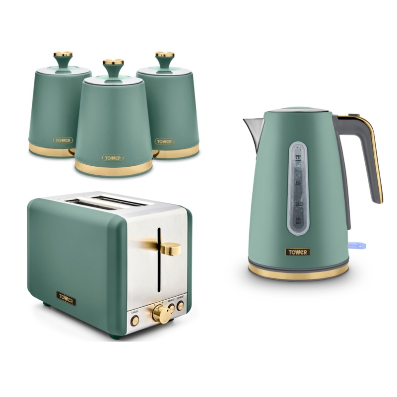Tower Cavaletto 1.7L 3KW Jug Kettle, 2 Slice Toaster & Canisters Matching Set in Jade with Champagne Accents