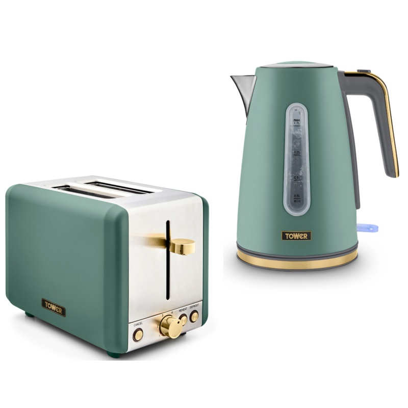 Tower Cavaletto 1.7L 3KW Jug Kettle 2 Slice Toaster in Jade with Champagne Accents