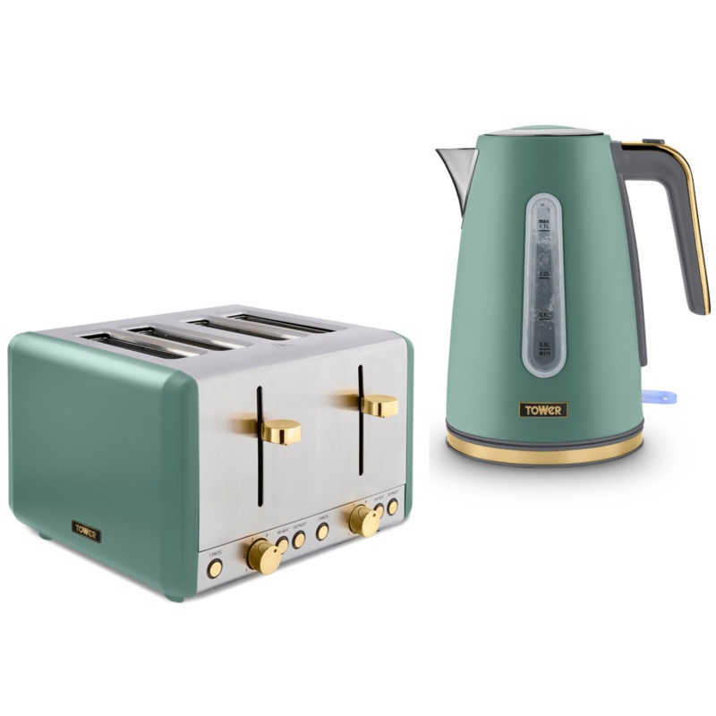 Tower Cavaletto 1.7L 3KW Jug Kettle & 4 Slice Toaster in Jade with Champagne Accents