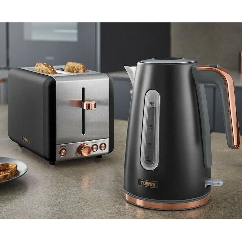 Tower Cavaletto 1.7L Jug Kettle & 2 Slice Toaster in Black & Rose Gold