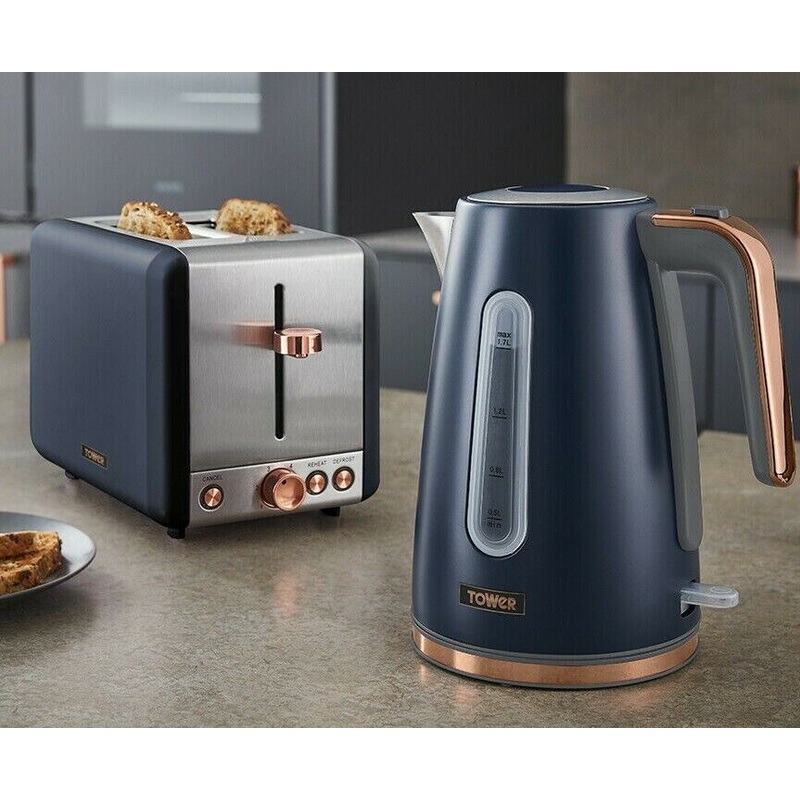 Tower Cavaletto 1.7L Jug Kettle & 2 Slice Toaster in Blue/Rose Gold