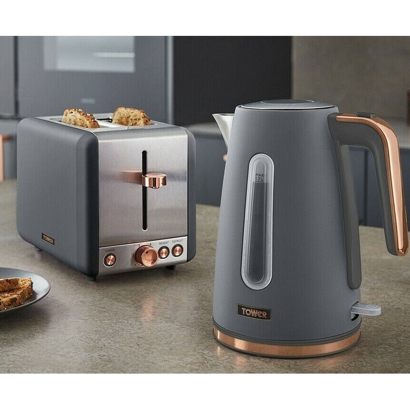 Tower Cavaletto 1.7L Jug Kettle & 2 Slice Toaster Kitchen Set in Grey/Rose Gold