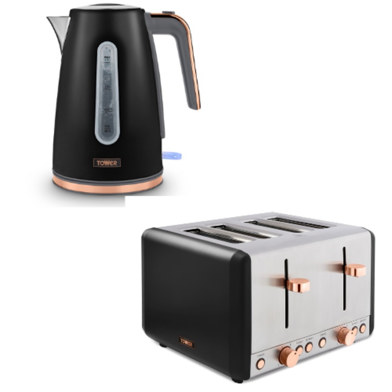 Tower Cavaletto 1.7L Jug Kettle & 4 Slice Toaster Set Black & Rose Gold
