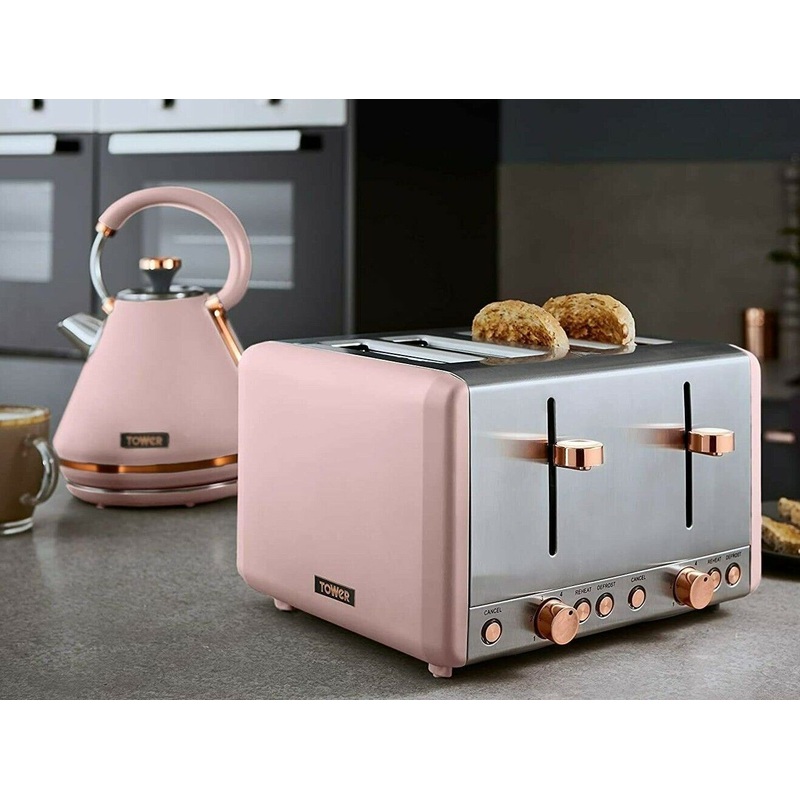 TOWER Cavaletto 3KW 1.7L Pyramid Kettle & 4 Slice 1800W Toaster in Marshmallow Pink & Rose Gold