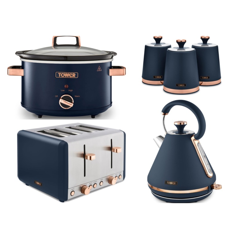 Tower Cavaletto Blue Kettle 4 Slice Toaster Large 6.5L Slow Cooker & 3 Canisters