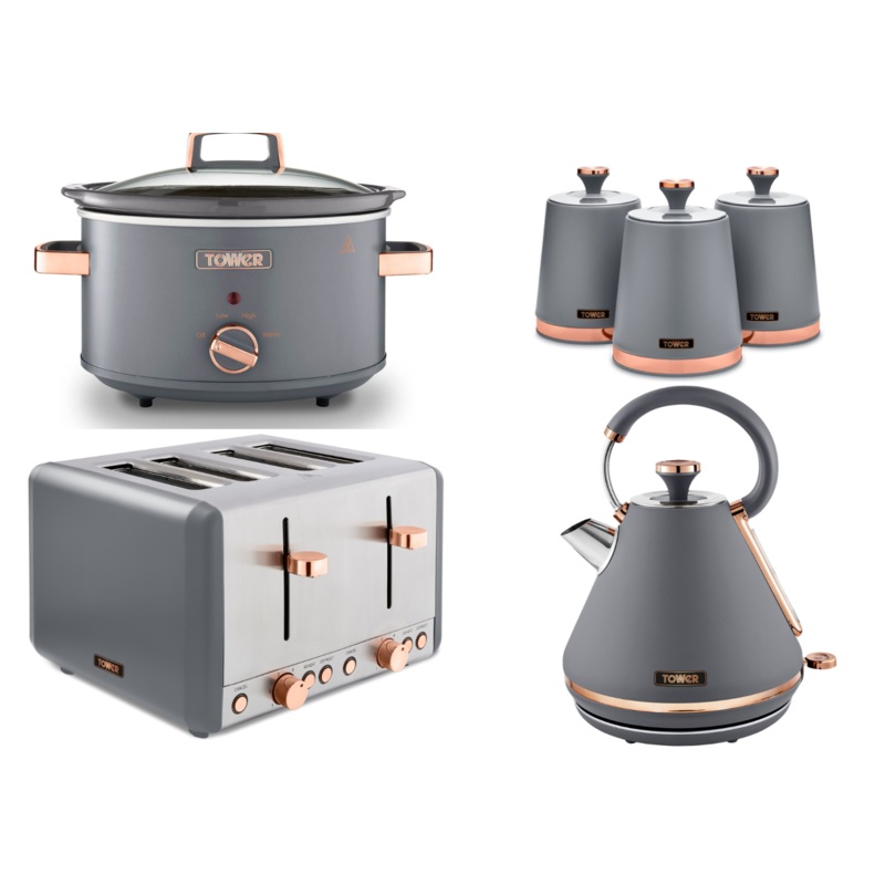 Tower Cavaletto Grey Kettle, 4 Slice Toaster, 6.5L Slow Cooker & 3 Canisters Set