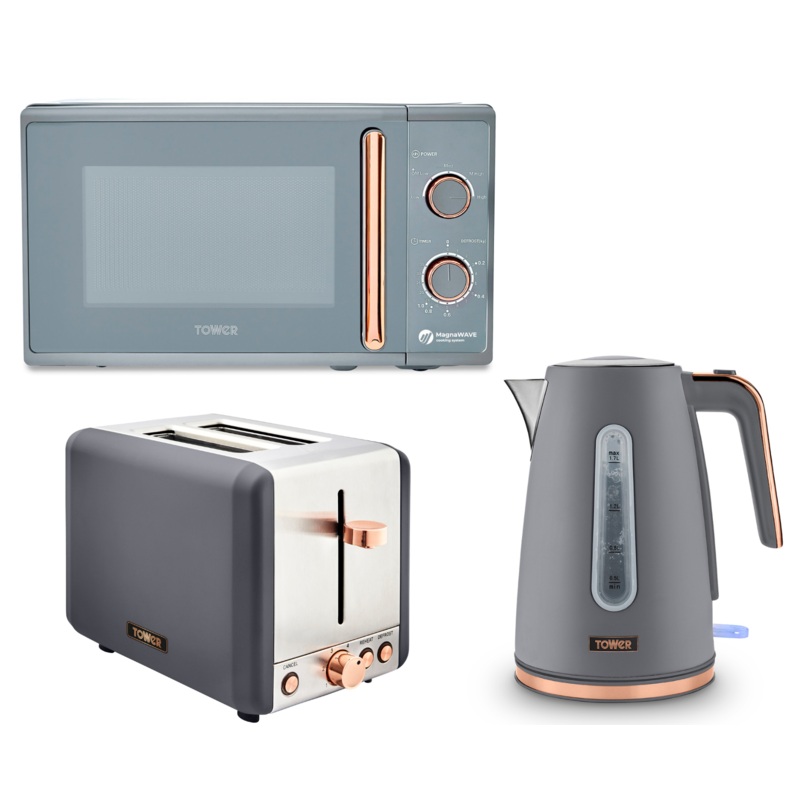 Tower Cavaletto Grey/Rose Gold Jug Kettle 2 Slice Toaster Microwave Kitchen Set
